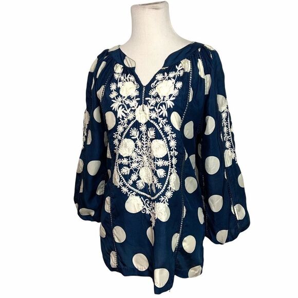 Anthro. Rungolee Embroidered Polka Dot 100% Silk Tunic Top Size X-Small (O19) - Picture 1 of 10